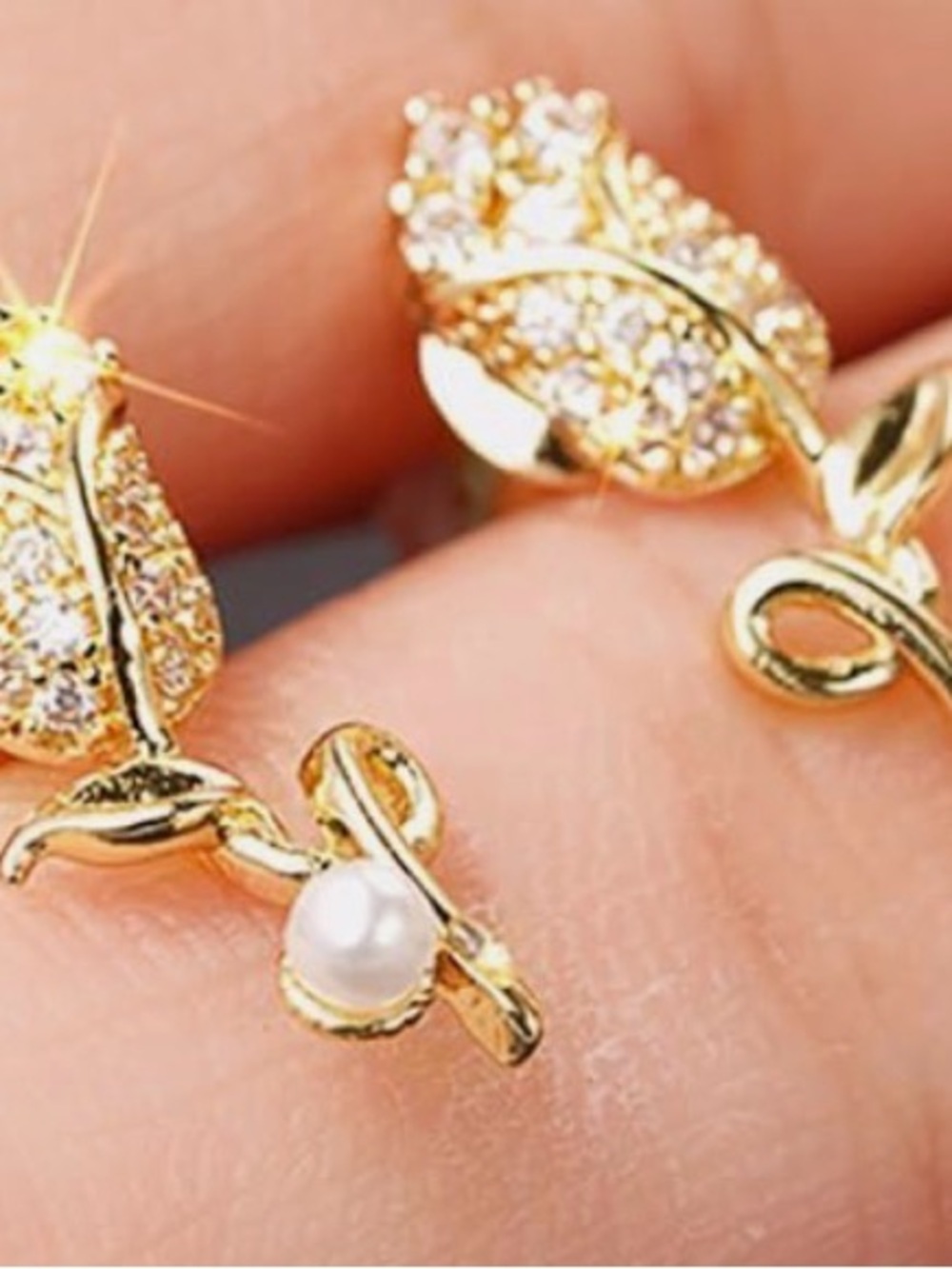 Gold Leaf Pearl and Crystal Stud Earrings for Women.